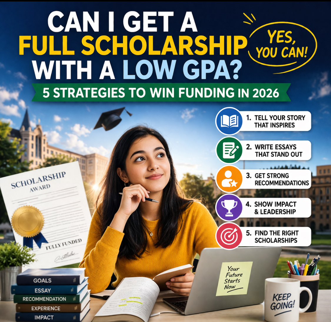 Can you get a full scholarship with a low GPA showing strategies to win funding in 2026