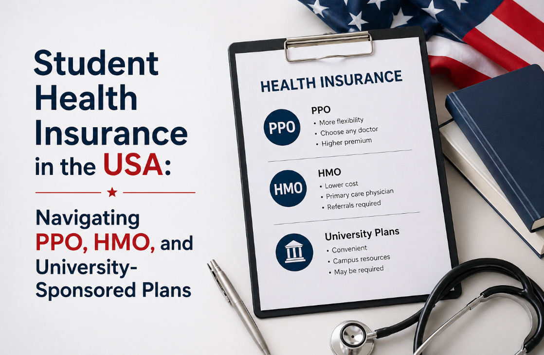 Student health insurance in the USA comparing PPO HMO and university plans