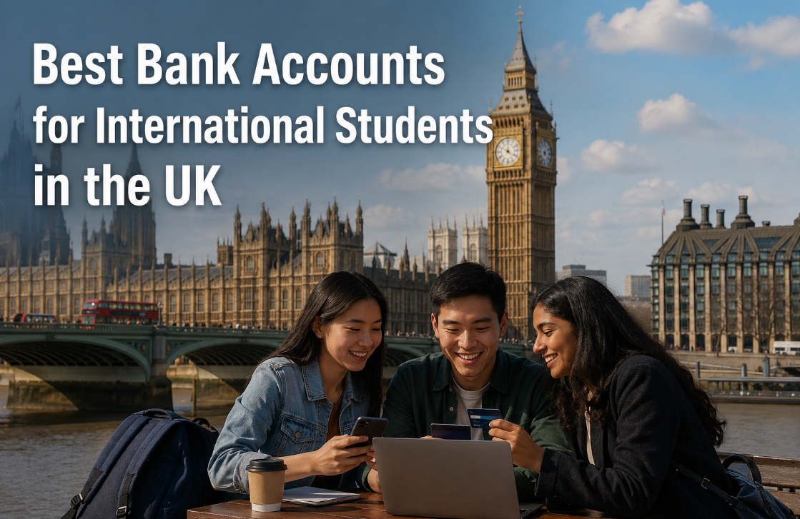 International students opening a UK bank account in London near Westminster and Big Ben