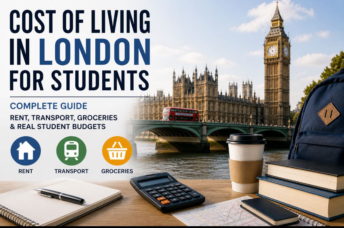 Cost of living in London for students showing rent transport and grocery budgeting guide