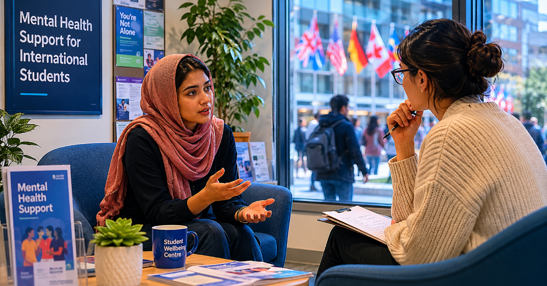 International student speaking with a university mental health counselor abroad