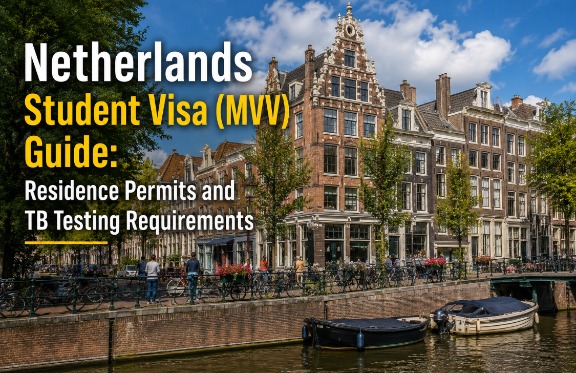 Netherlands student visa MVV guide showing Amsterdam canal houses and residence permit requirements for international students