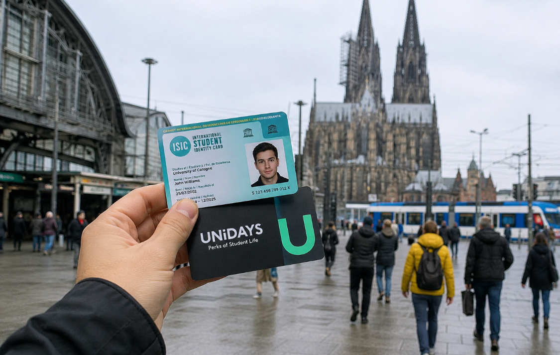International student using ISIC and UNiDAYS cards near Cologne Cathedral in Europe