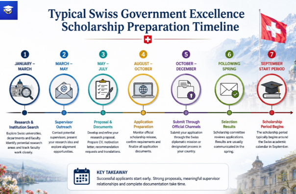 Swiss Government Excellence Scholarship preparation timeline showing supervisor outreach, proposal preparation and application stages