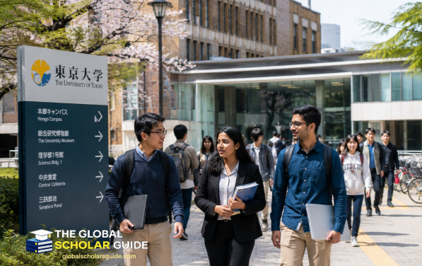 International graduate students walking at the University of Tokyo campus in Japan, a destination for ADB-Japan Scholarship Program master’s degree recipients.